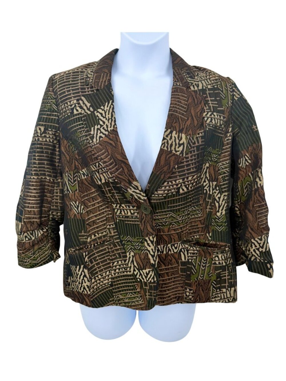 Chico's 3/4 Ruched Sleeve Abstract Animal Print Blazer Jacket - L/12/Chico's 2